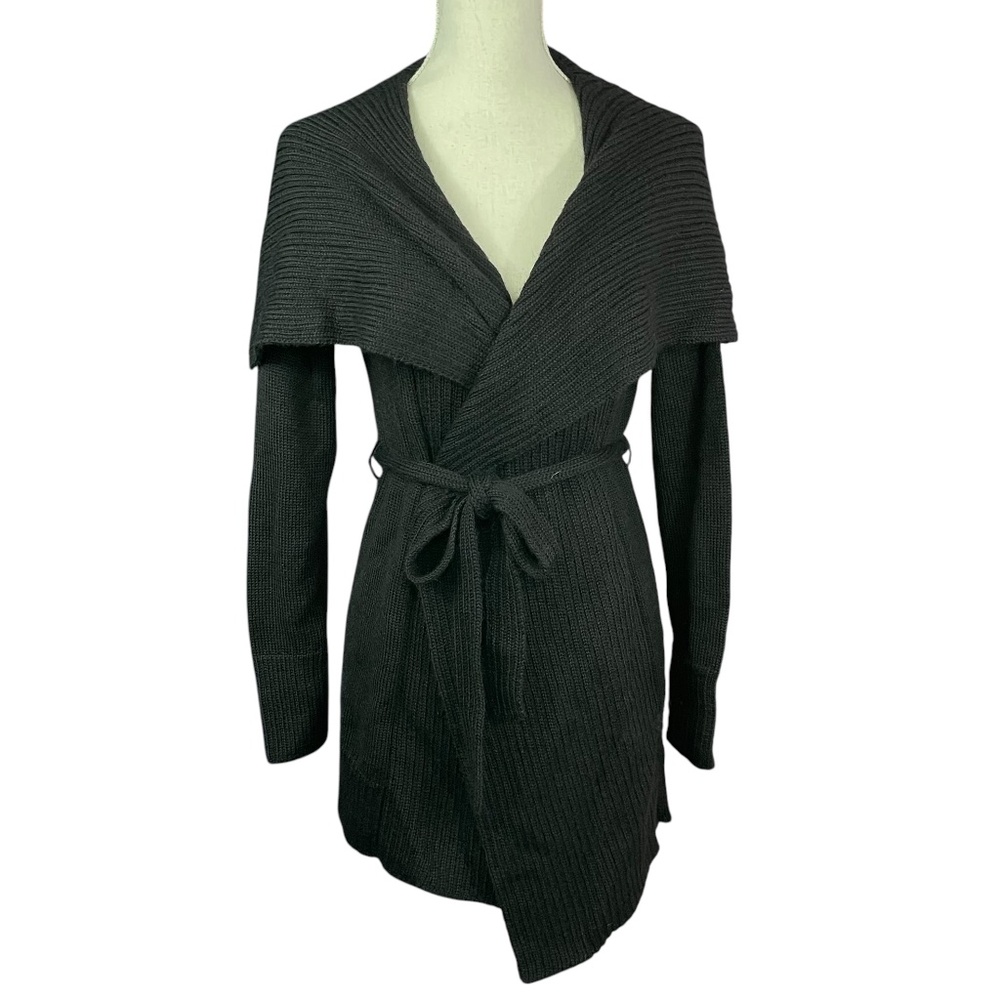 Peruvian Connection Waterfall Cardigan XS Open Front Black Ribbed Knit Tie Waist